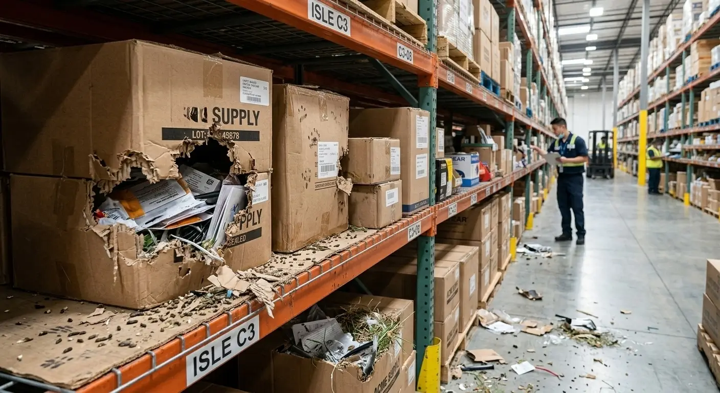 Damaged warehouse inventory from pest infestation