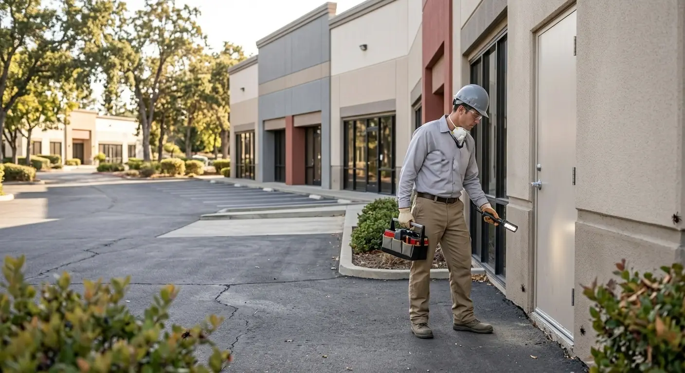 Technician inspecting warehouse storage racks for pest activity