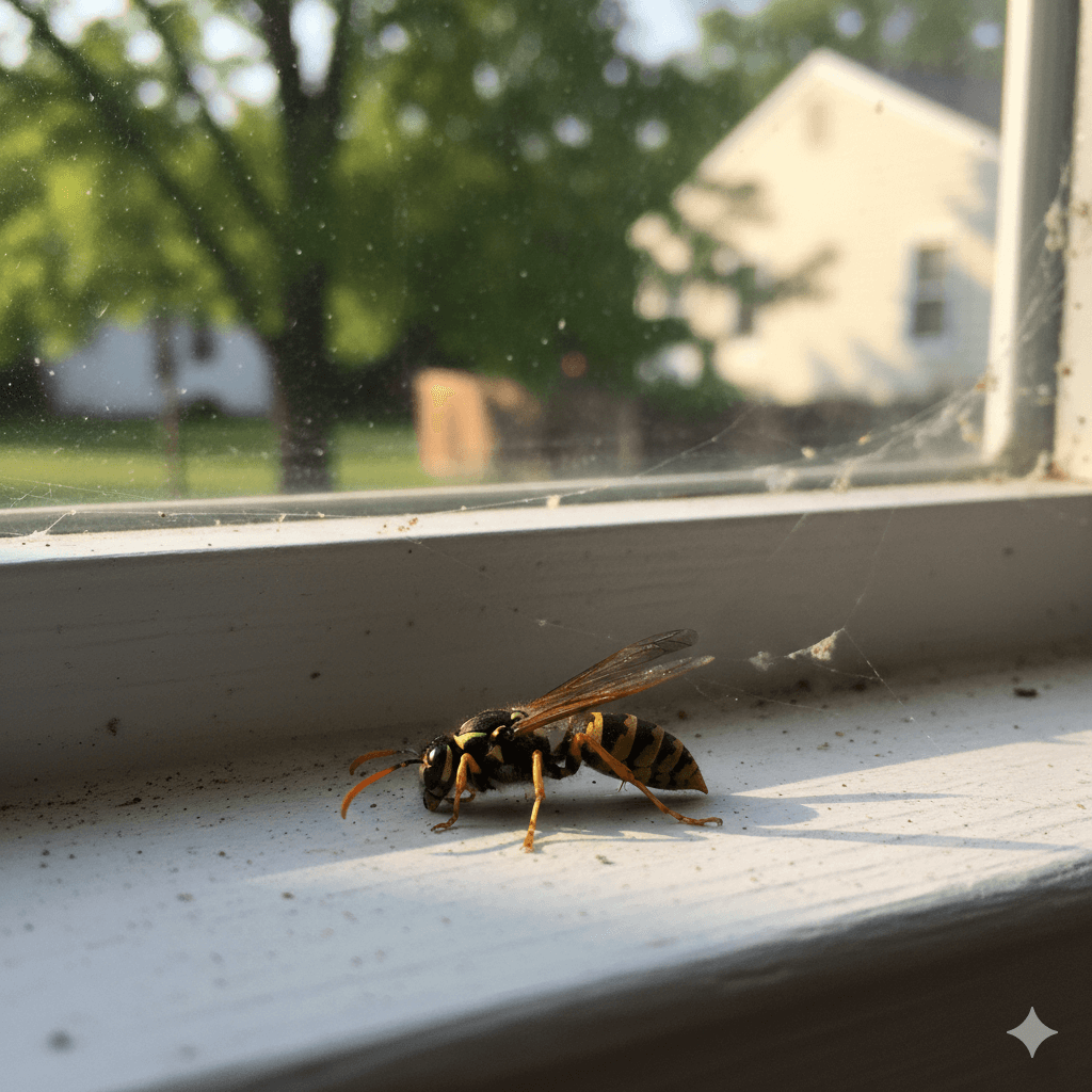 Dead and dying wasps near windows and light fixtures indicating interior nest
