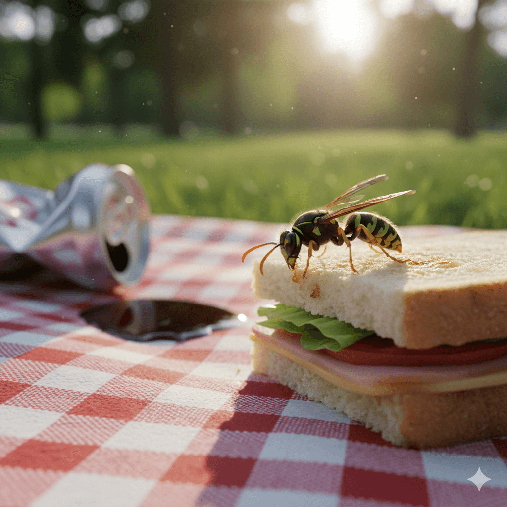 Exposed trash outdoor dining areas and fruit trees providing food sources for wasps