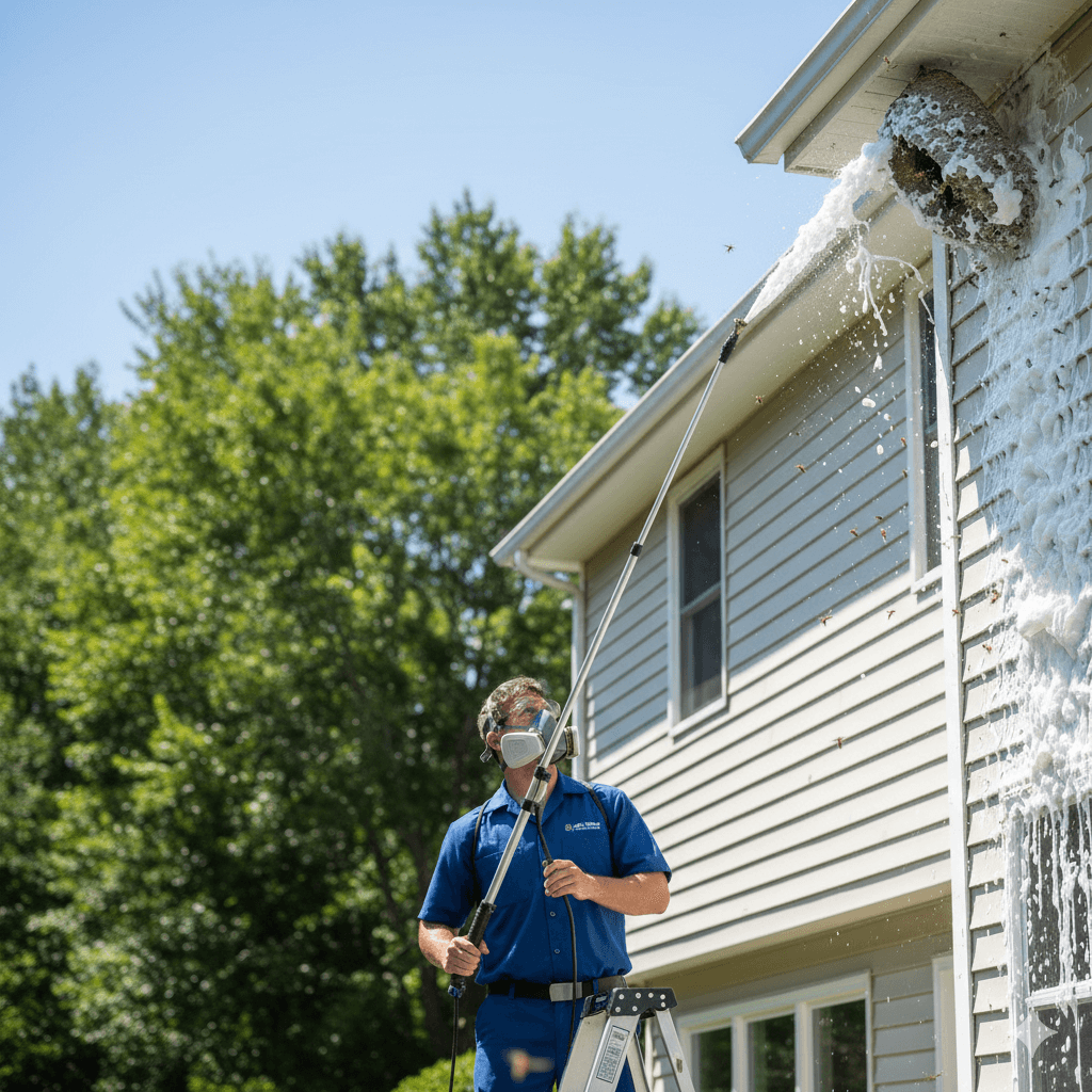 Technician applying professional grade insecticide treatment to active wasp nest