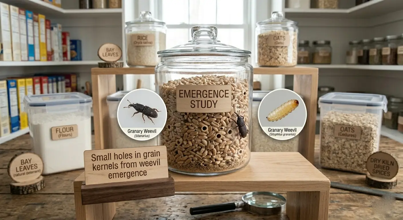 Small holes in grain kernels from weevil emergence