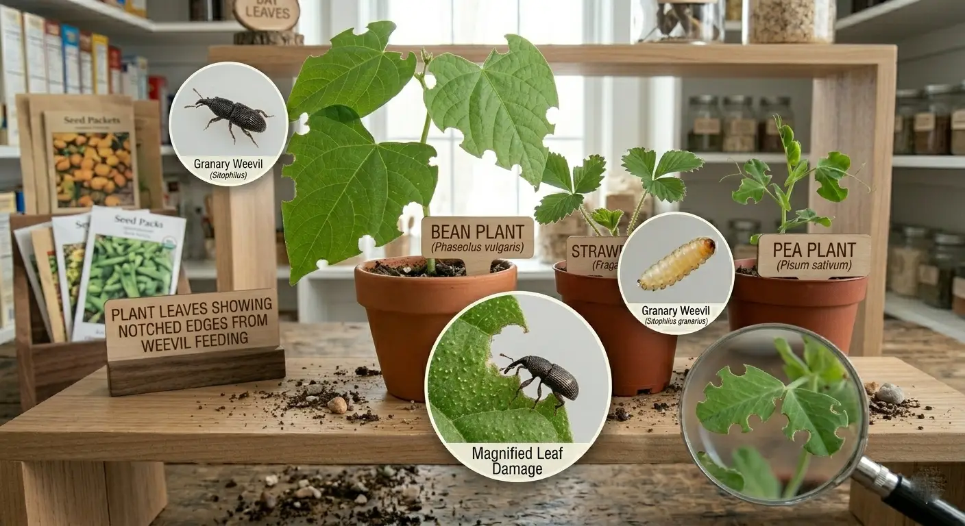 Plant leaves showing notched edges from weevil feeding