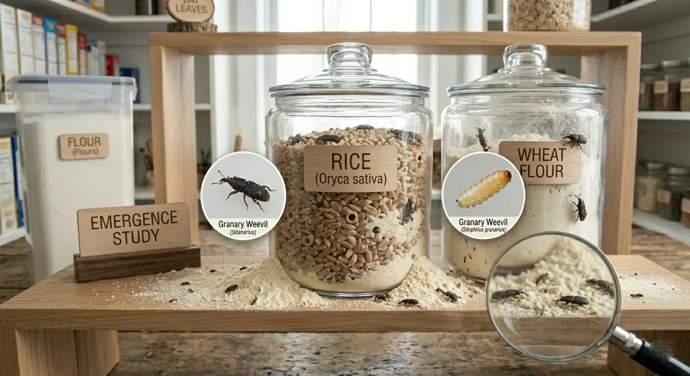 Powdery residue around stored food from weevil activity
