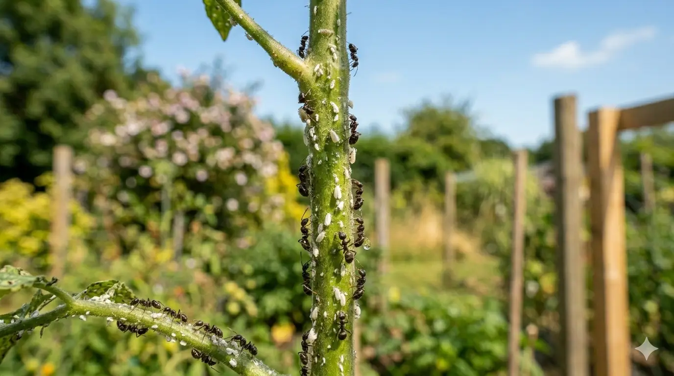 Ants on plant stems attracted by whitefly honeydew