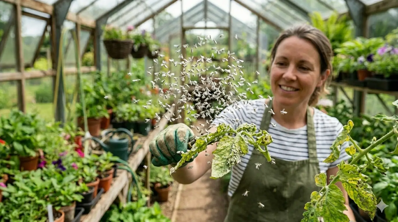 White cloud of adult whiteflies disturbed from plant