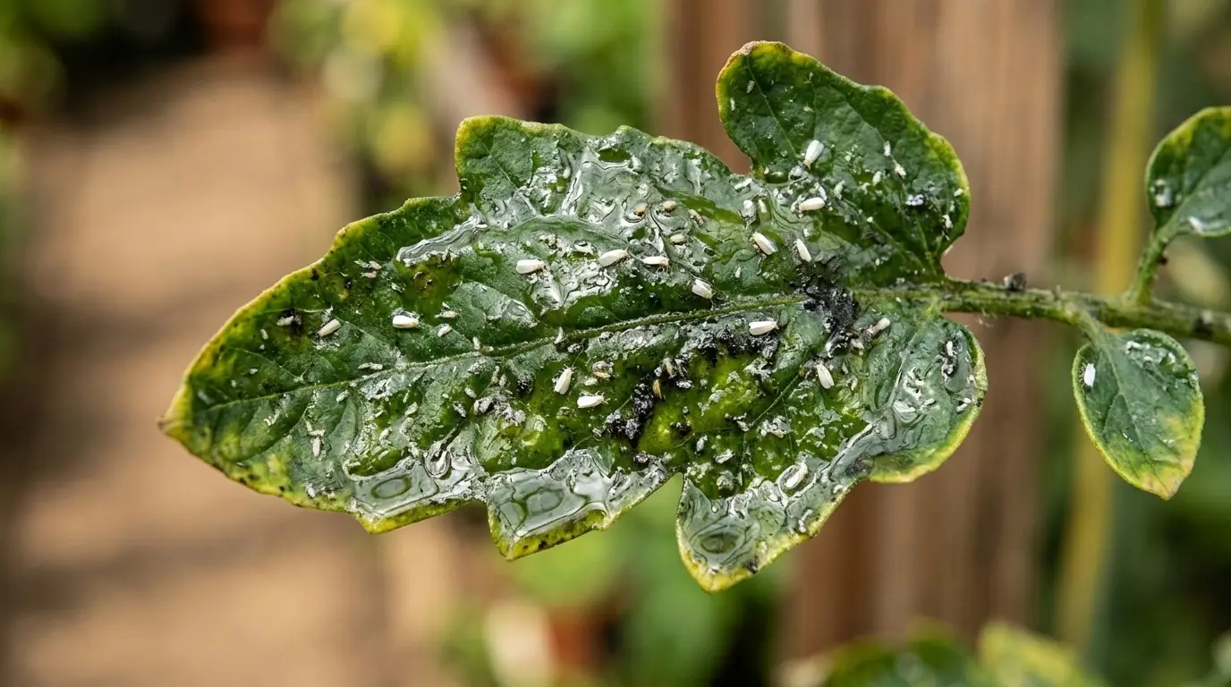 Sticky honeydew residue on plant leaves from whiteflies