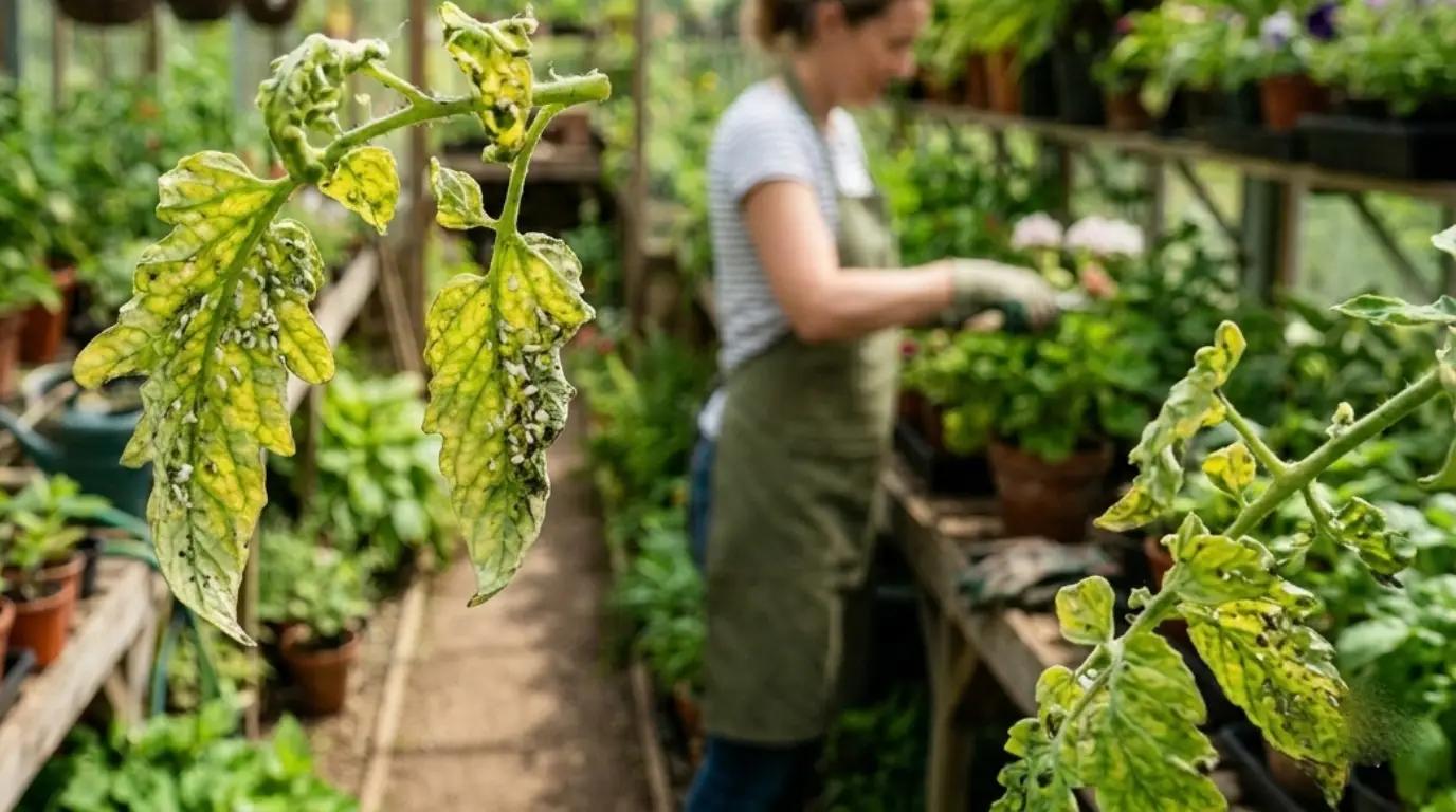 Plant leaves showing yellowing and curling from whitefly damage