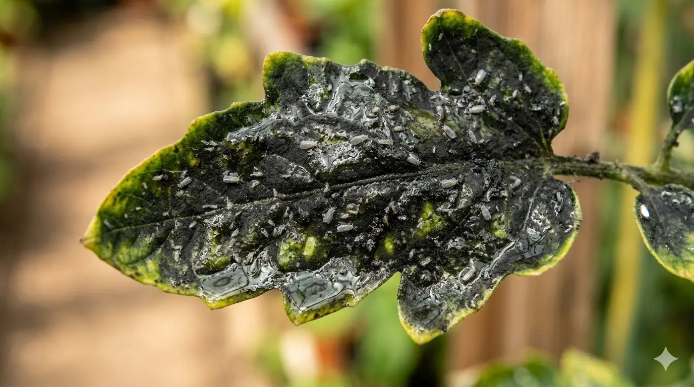 Black sooty mold growing on honeydew-coated plant leaves