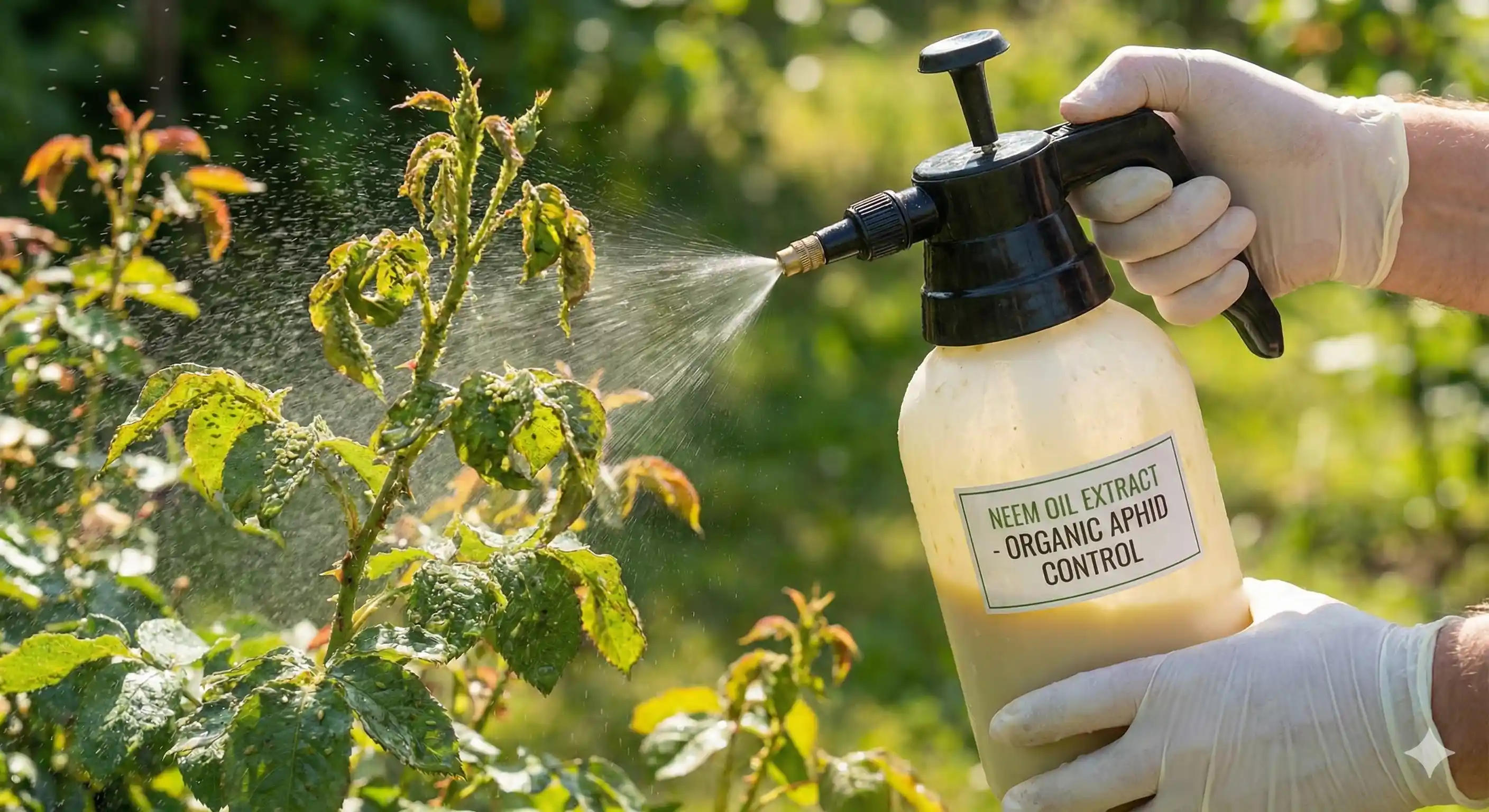 Technician applying neem oil treatment for whitefly control on garden plants