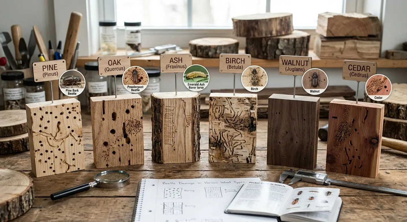 Various wood types susceptible to different beetle species