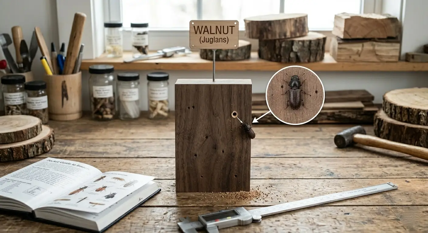 Adult wood boring beetle near wooden surface