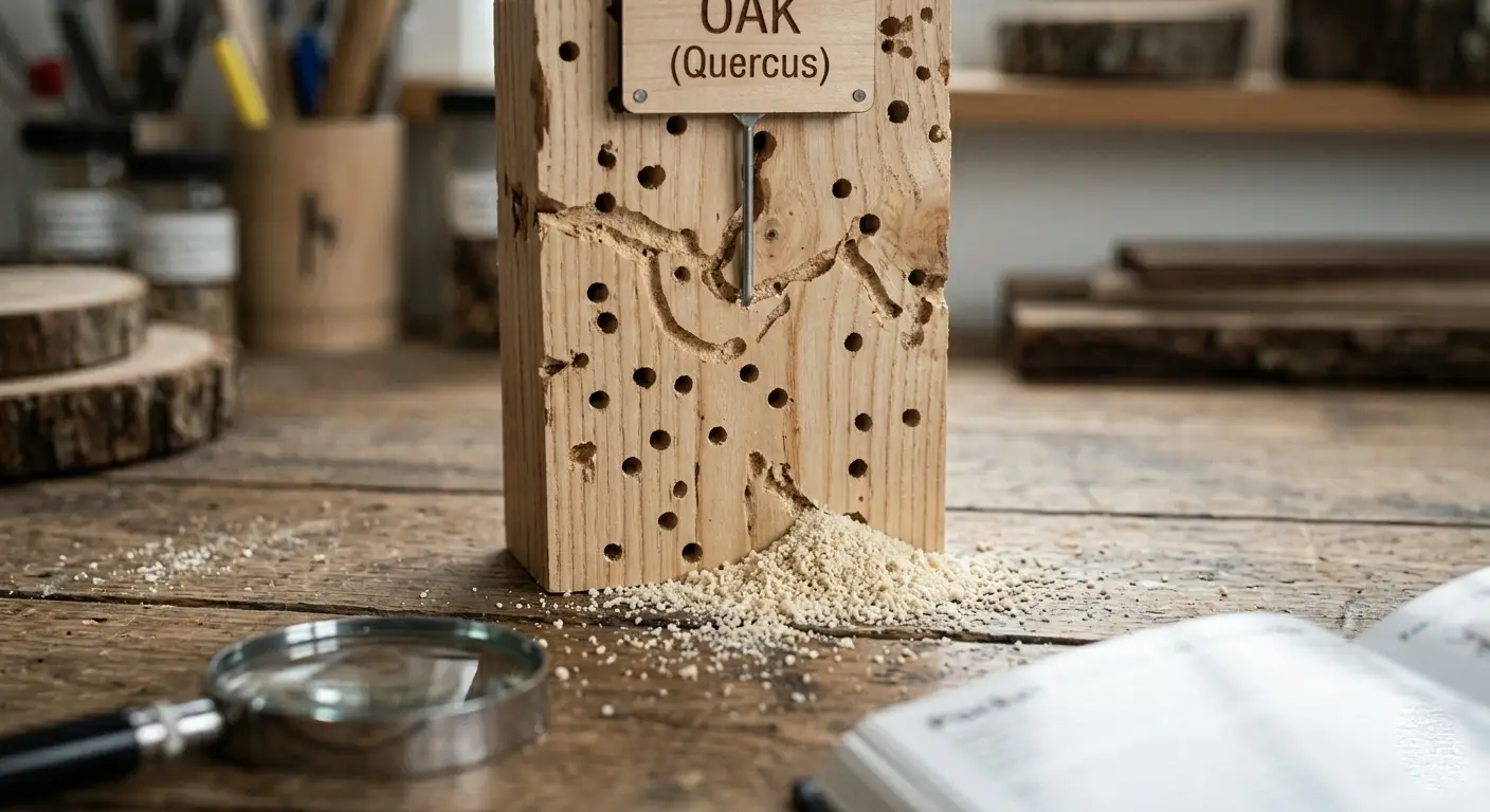 Powdery frass accumulation below infested wood