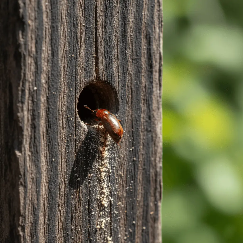 Small round exit holes in wooden surface from emerging beetles