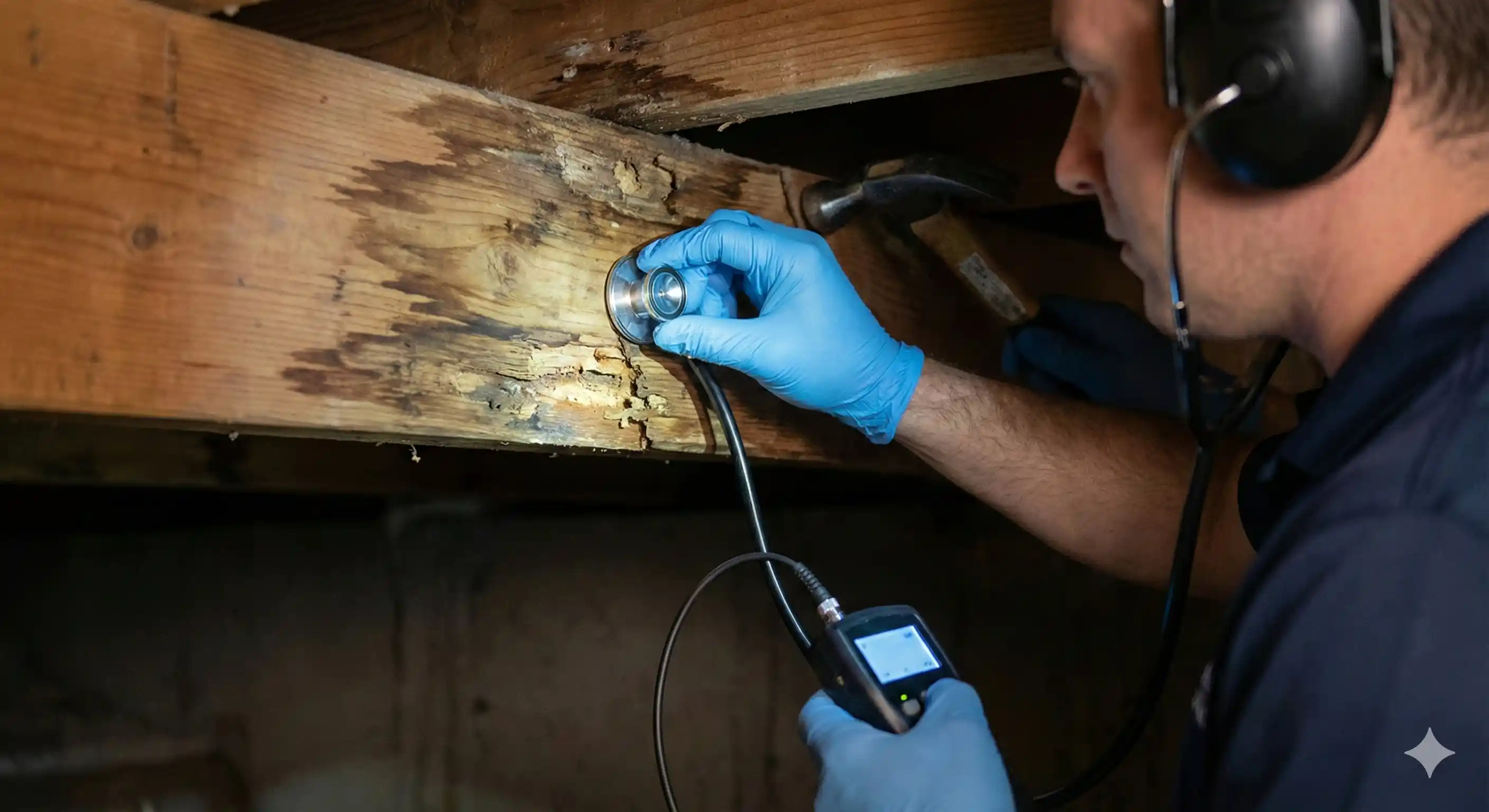 Person listening for beetle sounds in wooden beam