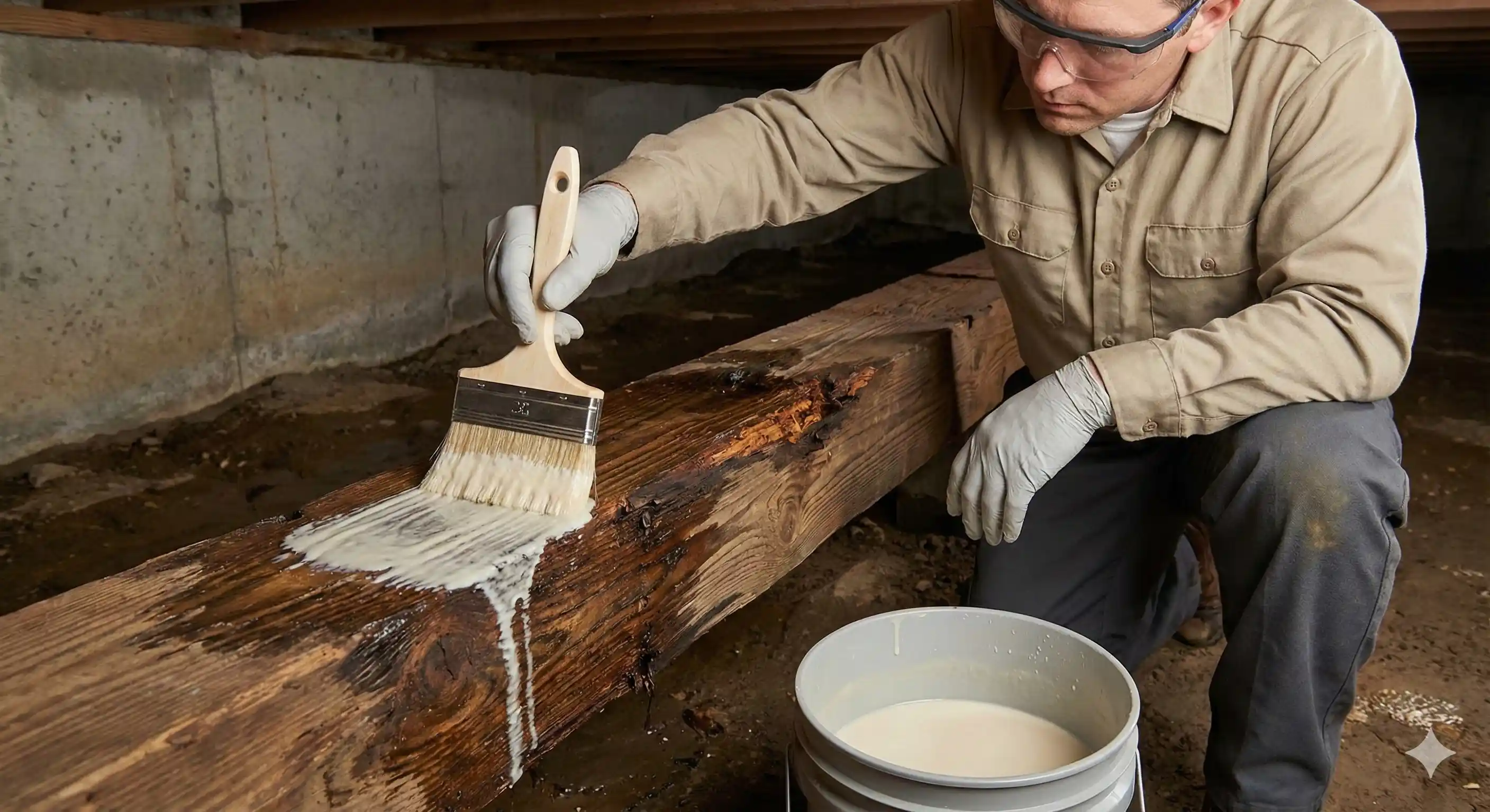 Technician applying borate treatment to wooden structural elements