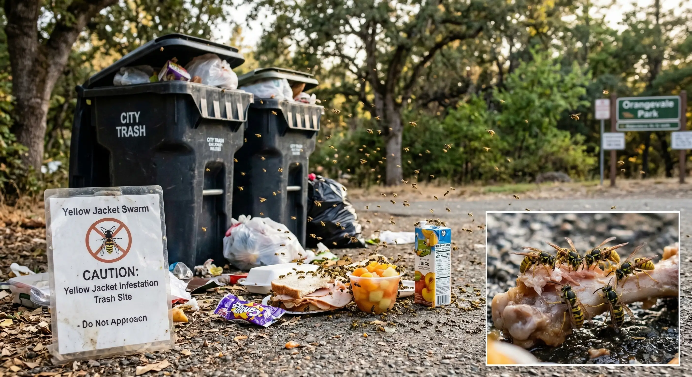 Trash and food sources attracting yellow jackets