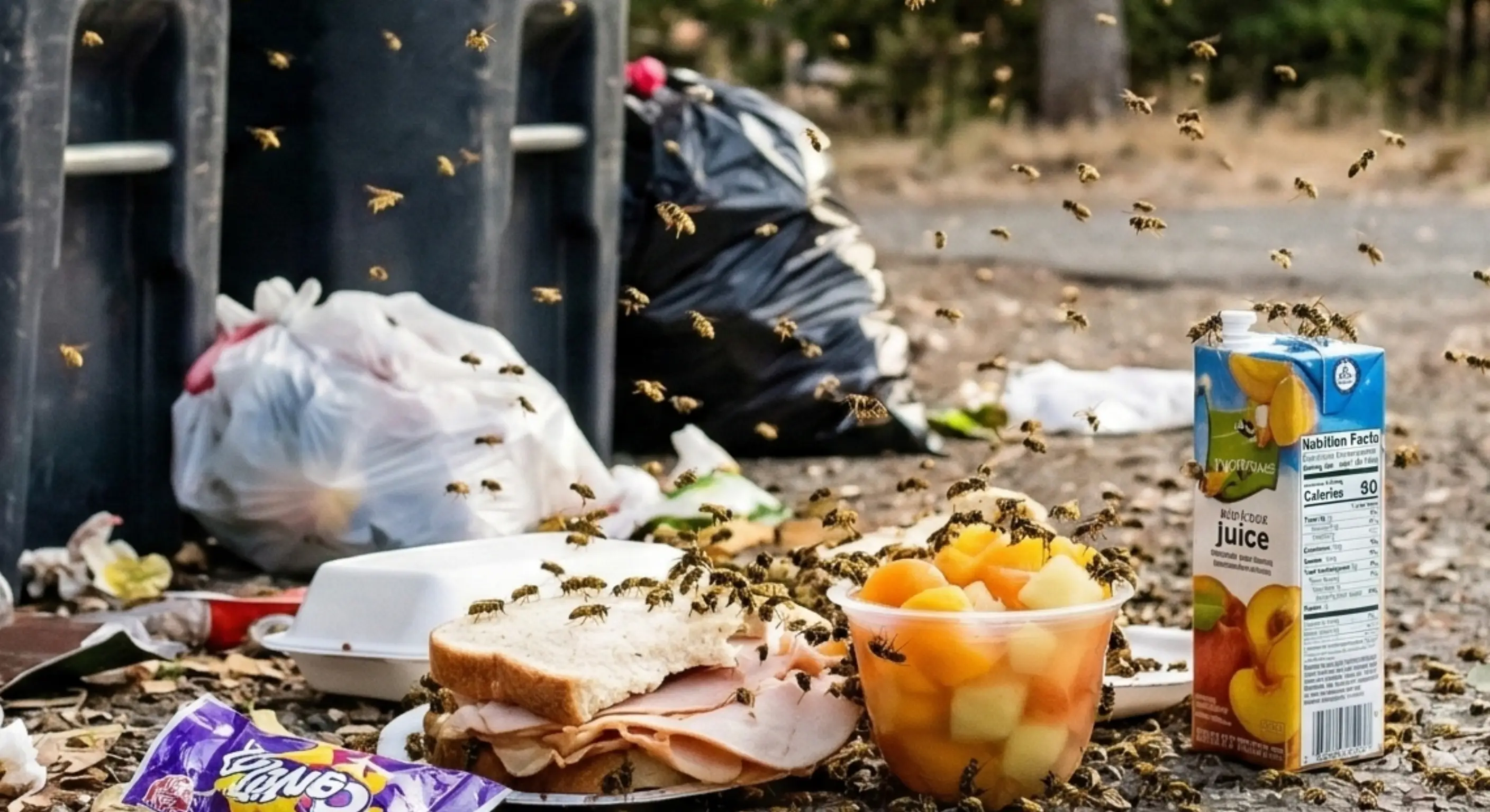 Yellow jackets swarming around food and drinks