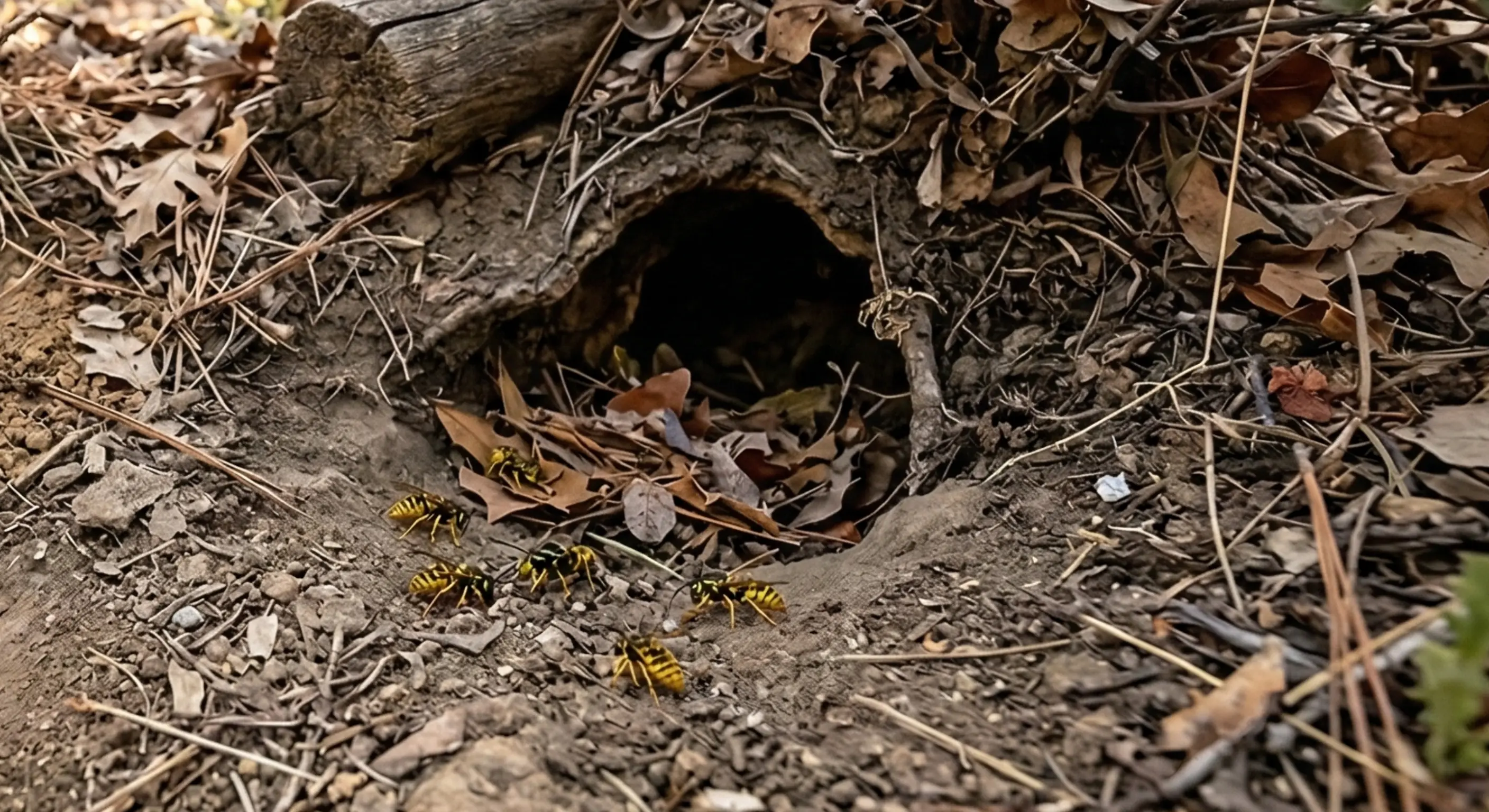 Ground-level yellow jacket nest entrance