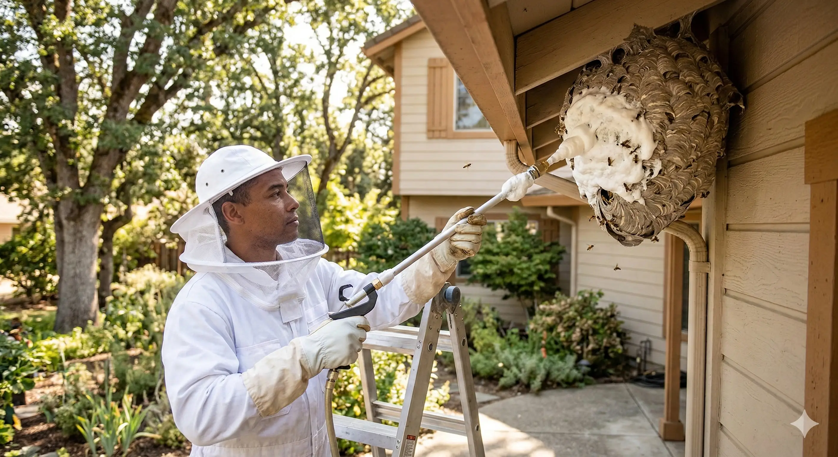 Applying foam treatment to aerial yellow jacket nest